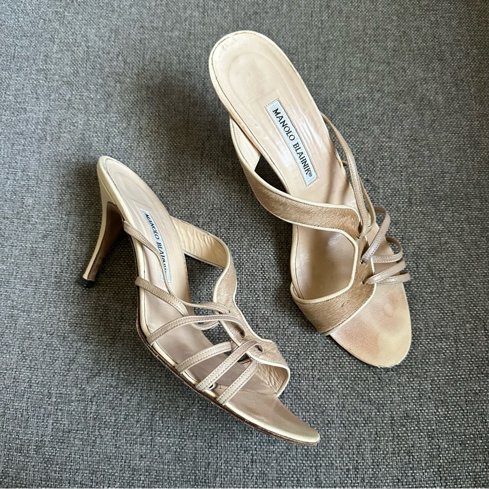 Manolo Blahnik Metallic Gold Strappy Heel Mules